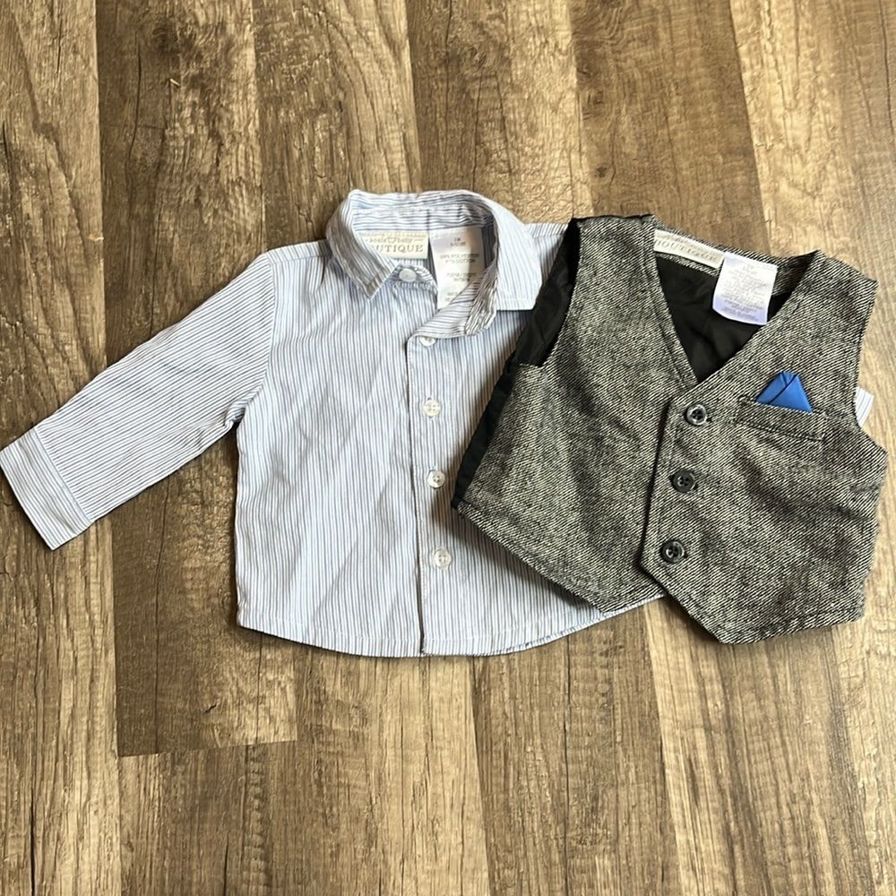 Koala Baby Boutique 3 mo Boy Dress Formal Blue Button Down Shirt and Gray Vest